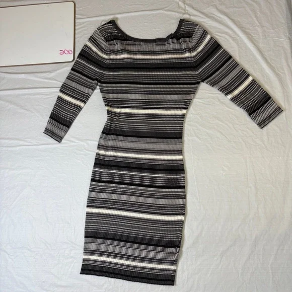 Say What? Womens XL Striped Ribbed Knit Bodycon Sweater Dress 3/4 Sleeve Grey - Picture 2 of 9